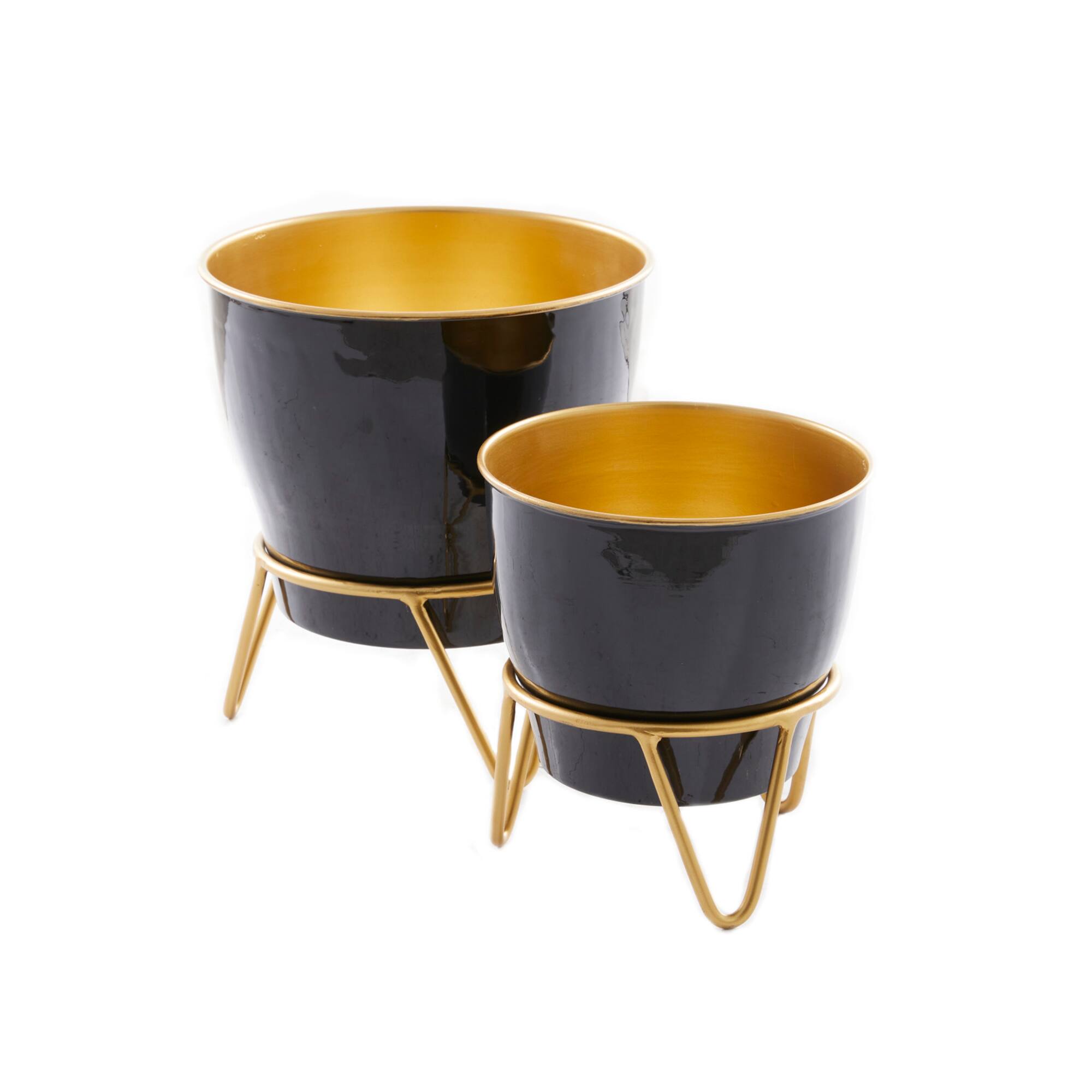 Set of 2 Black Iron Modern Planter, 11" x 10" x 10"
